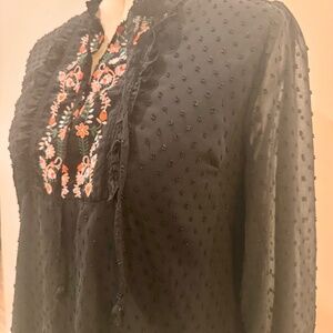City Chic Boho Embroidered Top with Sheer Sleeves – Size 16